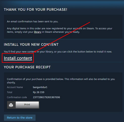 Pembelian game sudah berhasil jika sobat ingin instal langsung game tersebut maka klik Install Content