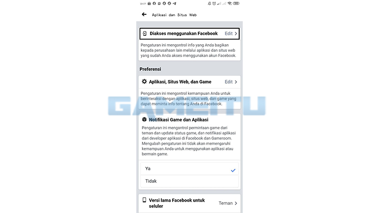 Pilih Menu Diakses Menggunakan Facebook